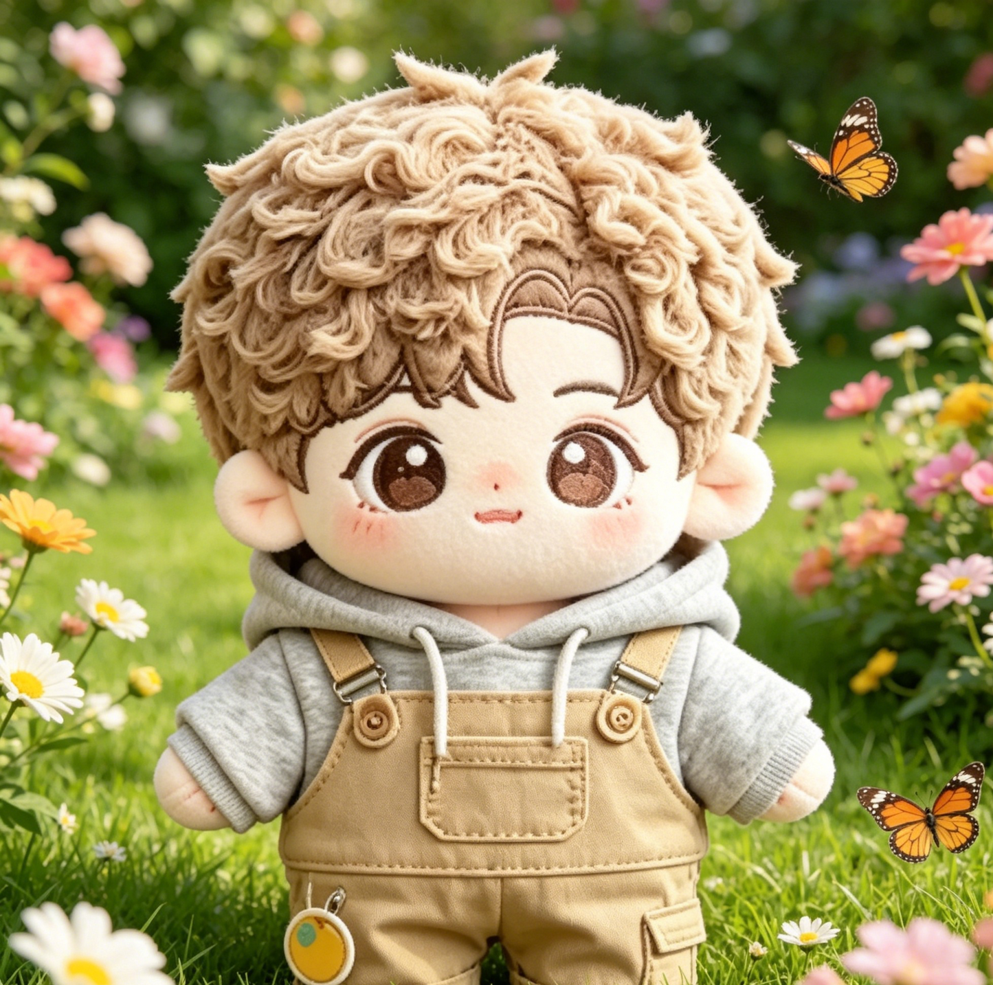 Curly Hair Cotton Doll with Grey Hoodie & Khaki Overalls, 20cm Plush Star Doll Outfit Set