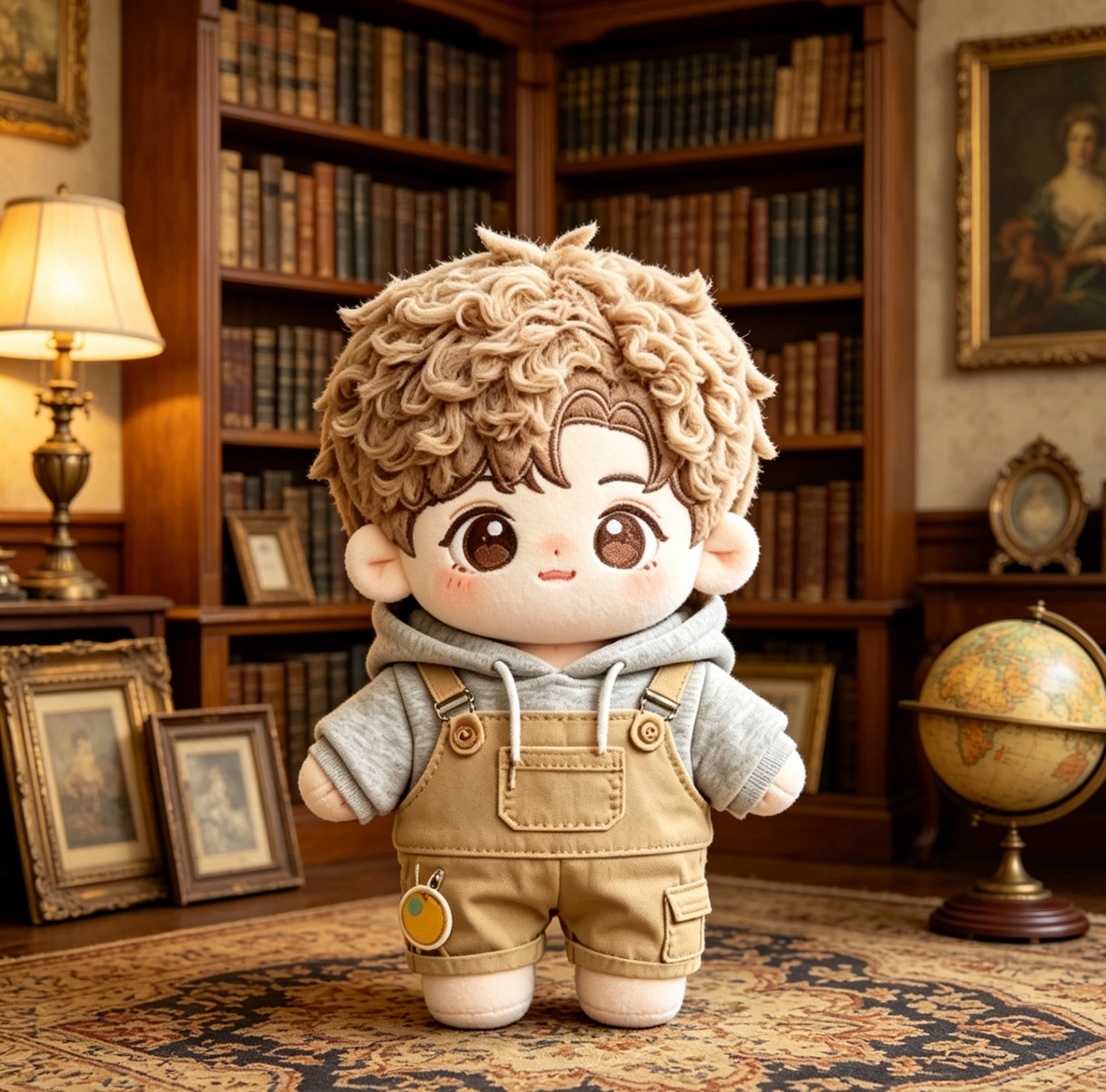 Curly Hair Cotton Doll with Grey Hoodie & Khaki Overalls, 20cm Plush Star Doll Outfit Set