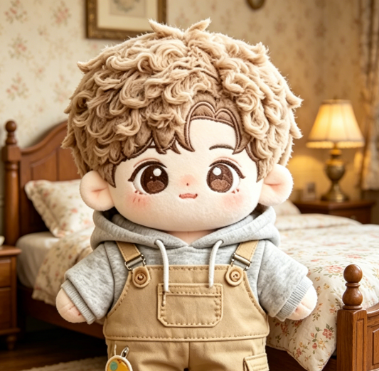 Curly Hair Cotton Doll with Grey Hoodie & Khaki Overalls, 20cm Plush Star Doll Outfit Set