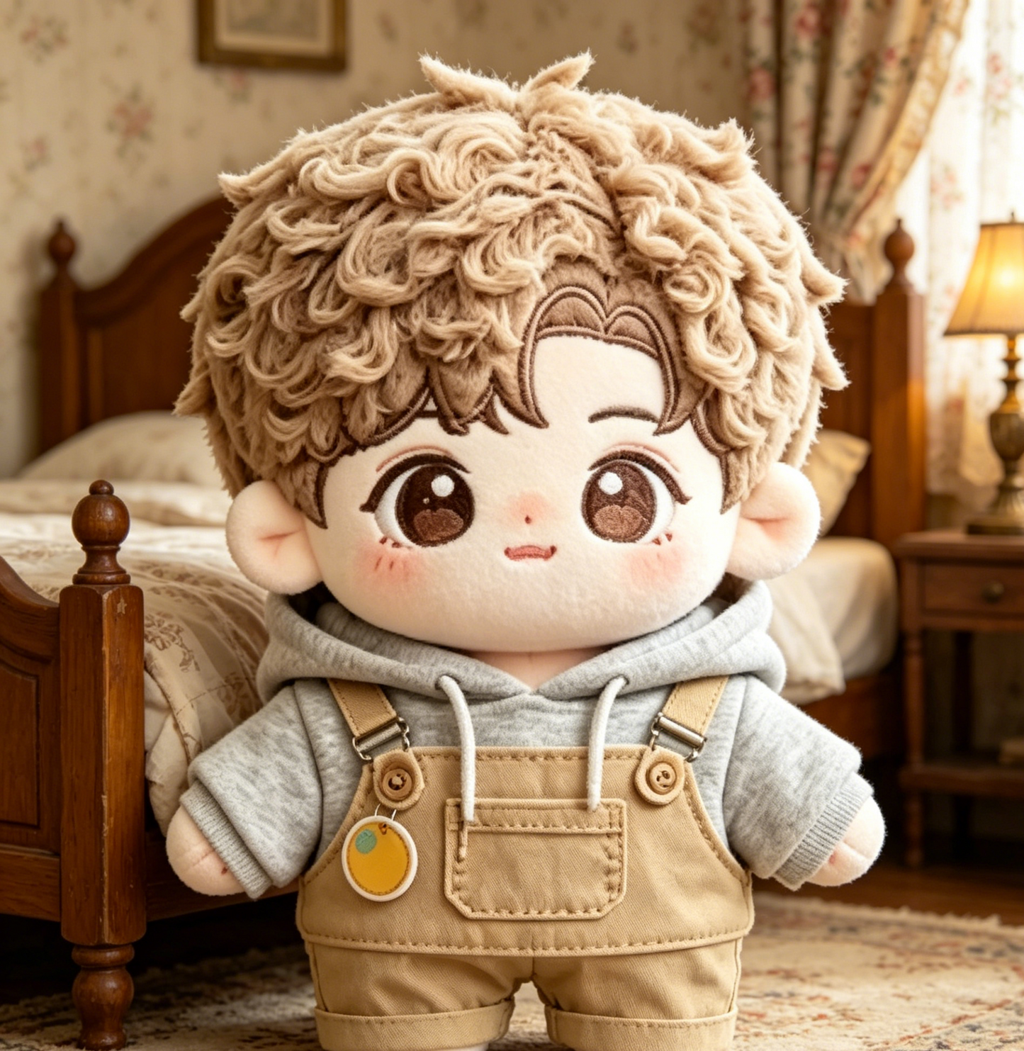 Curly Hair Cotton Doll with Grey Hoodie & Khaki Overalls, 20cm Plush Star Doll Outfit Set