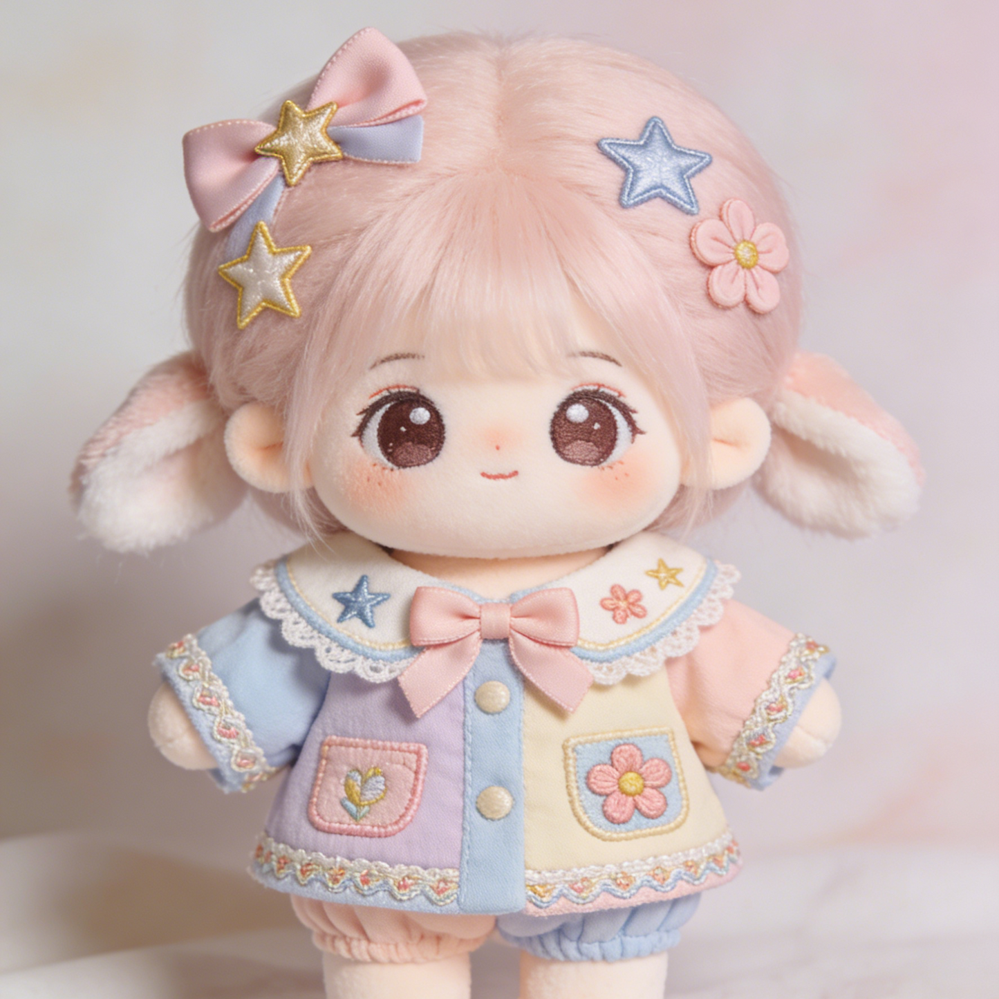 Bunny Ear Color Block Jacket & Bloomers Set - Pink, Blue, Purple Pastel Outfit with Star & Flower Embroidery for 20cm Plush Dolls